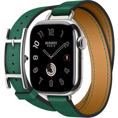 Apple Watch Hermes Series 10 42mm, H42DAPG, Silver Titanium, Double Tour Hapi Attelage, Vert Moyen