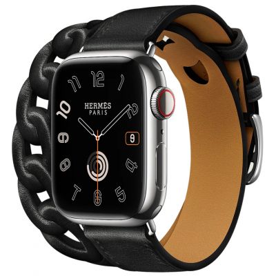 Apple Watch Hermes Series 9 41mm, Двойной кожаный ремешок черного цвета с кожаной цепью