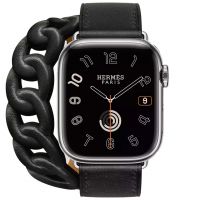 Apple Watch Hermes Series 9 41mm, Двойной кожаный ремешок черного цвета с кожаной цепью