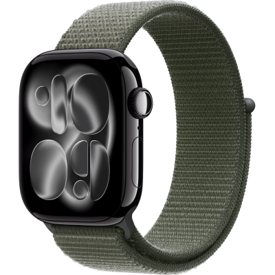 Apple Watch Series 11, 42mm, Aluminum Jet Black, Forest Textile Sport Loop