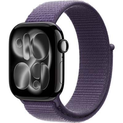 Apple Watch Series 11, 42mm, Aluminum Jet Black, Purple Fog Textile Sport Loop