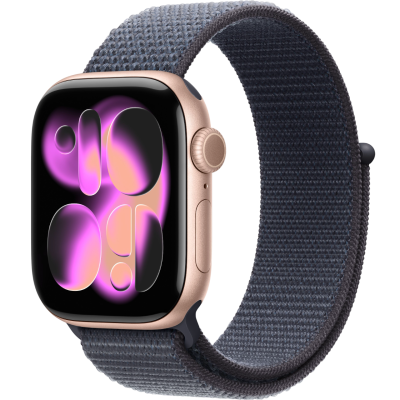 Apple Watch Series 11, 42mm, Aluminum Rose Gold, Anchor Blue Textile Sport Loop
