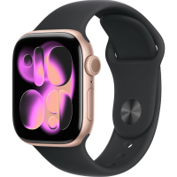 Apple Watch Series 11, 42mm, Aluminum Rose Gold, Black Sport Band - S/M