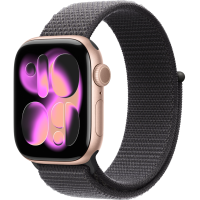Apple Watch Series 11, 42mm, Aluminum Rose Gold, Dark Gray Textile Sport Loop