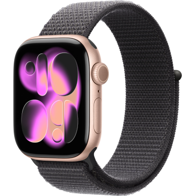 Apple Watch Series 11, 42mm, Aluminum Rose Gold, Dark Gray Textile Sport Loop