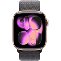 Apple Watch Series 11, 42mm, Aluminum Rose Gold, Dark Gray Textile Sport Loop