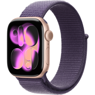 Apple Watch Series 11, 46mm, Aluminum Rose Gold, Purple Fog Textile Sport Loop