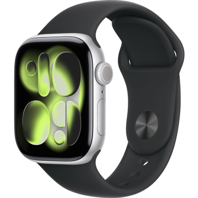 Apple Watch Series 11, 42mm, Aluminum Silver, Black Sport Band - S/M