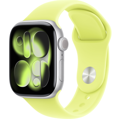 Apple Watch Series 11, 46mm, Aluminum Silver, Neon Yellow Sport Band - M/L