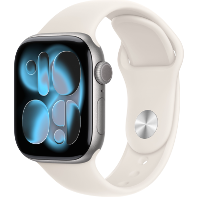 Apple Watch Series 11, 46mm, Aluminum Space Gray, Starlight Sport Band - S/M