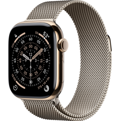 Apple Watch Series 11, 42mm, Gold Titanium Case, Natural Milanese Loop