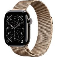 Apple Watch Series 11, 42mm, Slate Titanium Case, Gold Milanese Loop