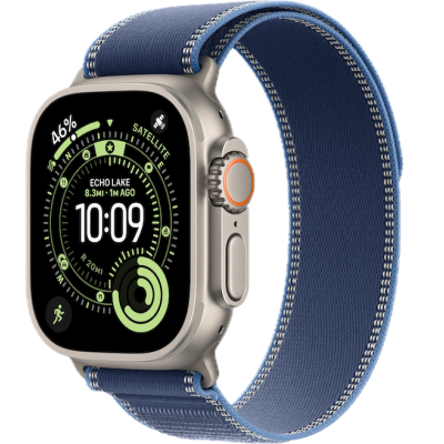 Apple Watch Ultra 3, 49mm, Natural Titanium, Trail Loop, Blue/Bright Blue - M/L