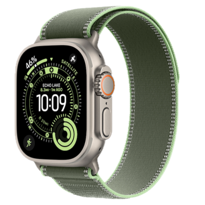 Apple Watch Ultra 3, 49mm, Natural Titanium, Trail Loop, Green/Neon - S/M
