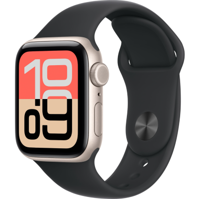 Apple Watch SE 3, GPS+Cellular, 44mm, Aluminum Starlight, Sport Band Black, M/L