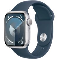Apple Watch Series 9, 41 мм, MR903 корпус из алюминия серебристого цвета, силиконовый ремешок цвета «синий»