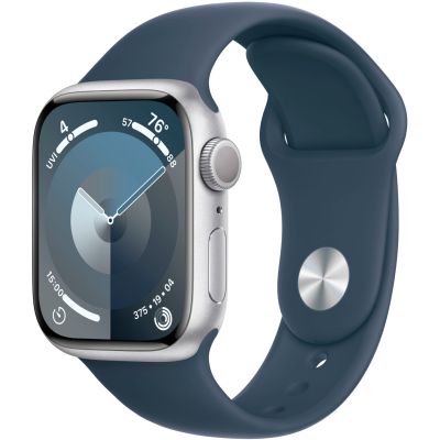 Apple Watch Series 9, 41 мм, MR903 корпус из алюминия серебристого цвета, силиконовый ремешок цвета «синий»