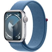 Apple Watch Series 9, 45 мм, MR9F3 корпус из алюминия серебристого цвета, спортивный ремешок цвета «ледяной синий»