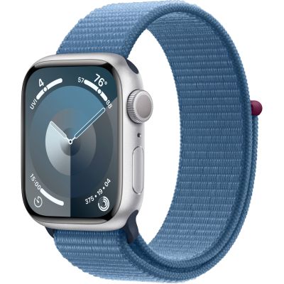 Apple Watch Series 9, 41 мм, MR923 корпус из алюминия серебристого цвета, спортивный ремешок цвета «ледяной синий»