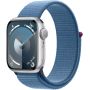 Apple Watch Series 9, 45 мм, MR9F3 корпус из алюминия серебристого цвета, спортивный ремешок цвета «ледяной синий»