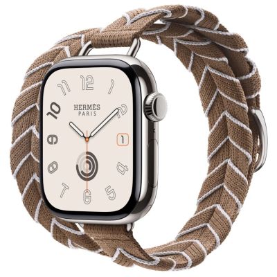 Apple Watch Hermes 11, 42mm, Silver, Bridon Lisere Attelage Double Tour, Beige de Weimar/Blanc